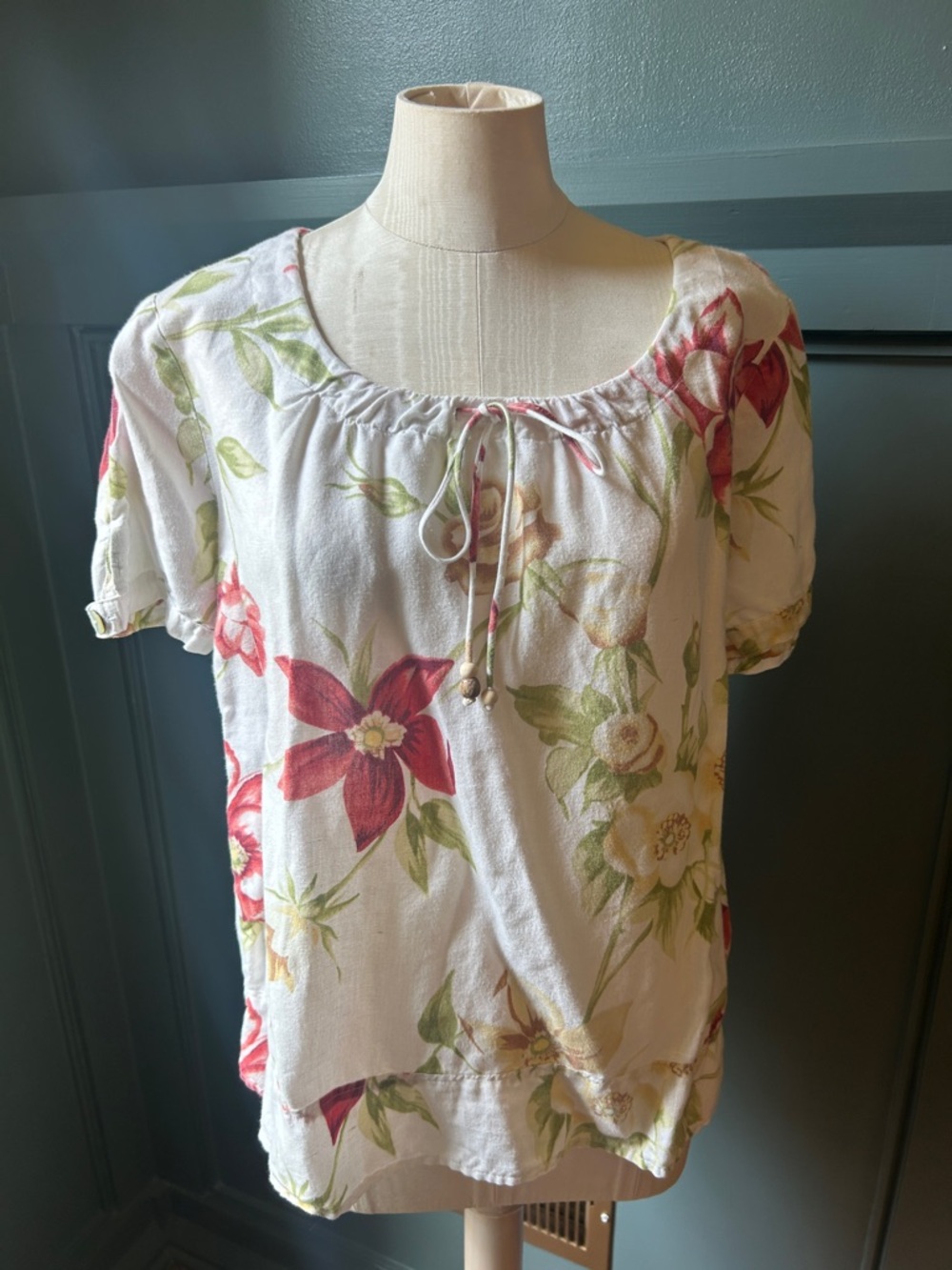Hot Cotton White Floral Peasant Top with Red & Green Blooms